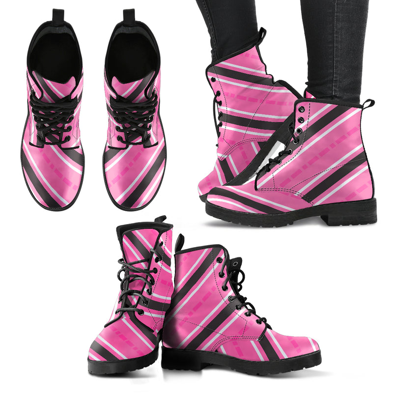 Pink Black White Stripes - Women's Leather Boots