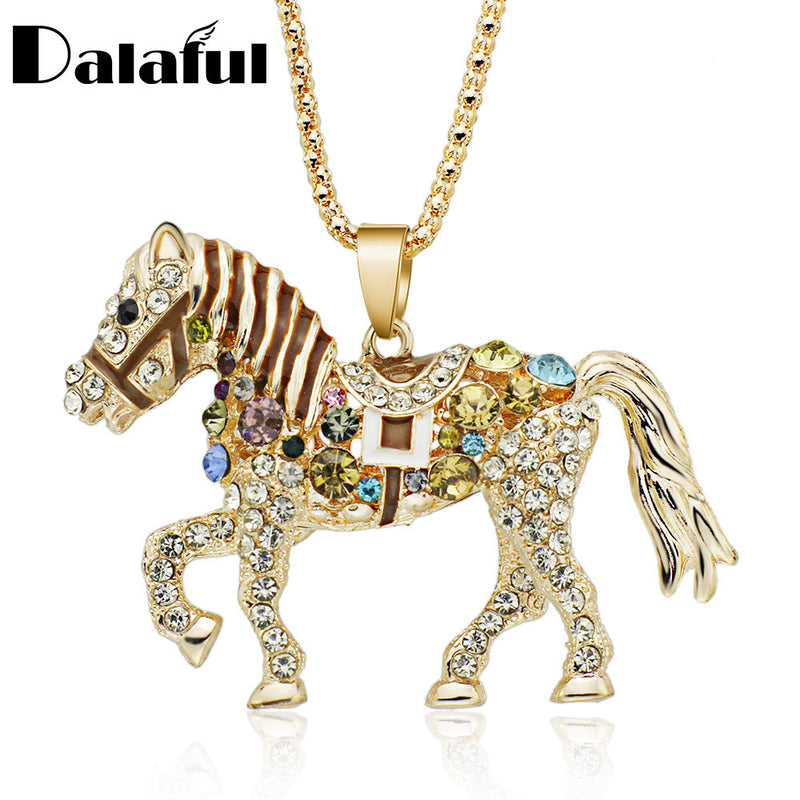 Horse Necklace Multicolor Crystal Rhinestone Long Chain Necklaces Pendants For Women Gift M374