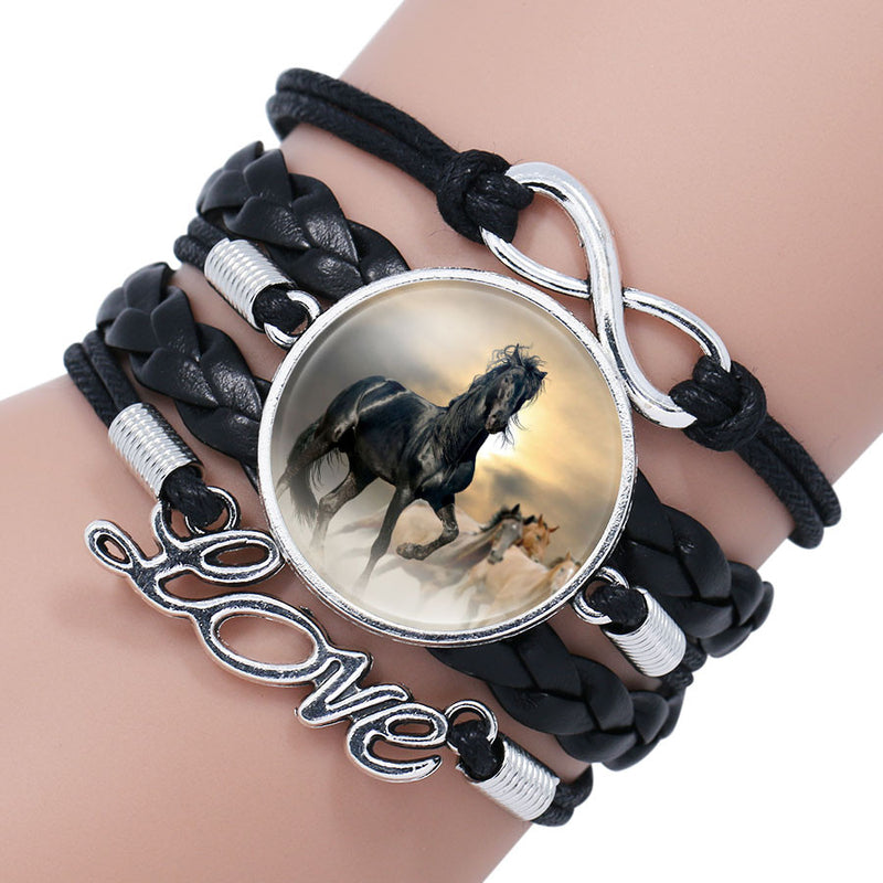 Fashion White Horse Love Female Leather Infinity Wrap Bracelet Bangle For Women Handmade Glass Cabochon Horse Jewelry Best Gift