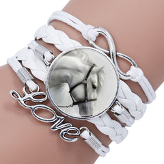 Fashion White Horse Love Female Leather Infinity Wrap Bracelet Bangle For Women Handmade Glass Cabochon Horse Jewelry Best Gift