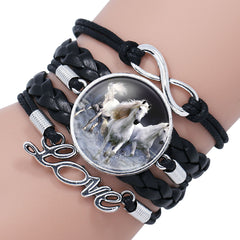 Fashion White Horse Love Female Leather Infinity Wrap Bracelet Bangle For Women Handmade Glass Cabochon Horse Jewelry Best Gift