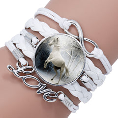 Fashion White Horse Love Female Leather Infinity Wrap Bracelet Bangle For Women Handmade Glass Cabochon Horse Jewelry Best Gift