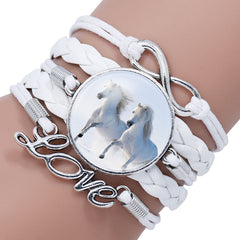 Fashion White Horse Love Female Leather Infinity Wrap Bracelet Bangle For Women Handmade Glass Cabochon Horse Jewelry Best Gift
